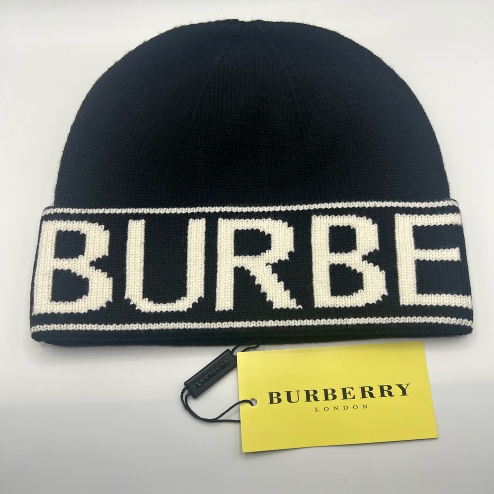 Burberry Black & White Branded Knit Beanie